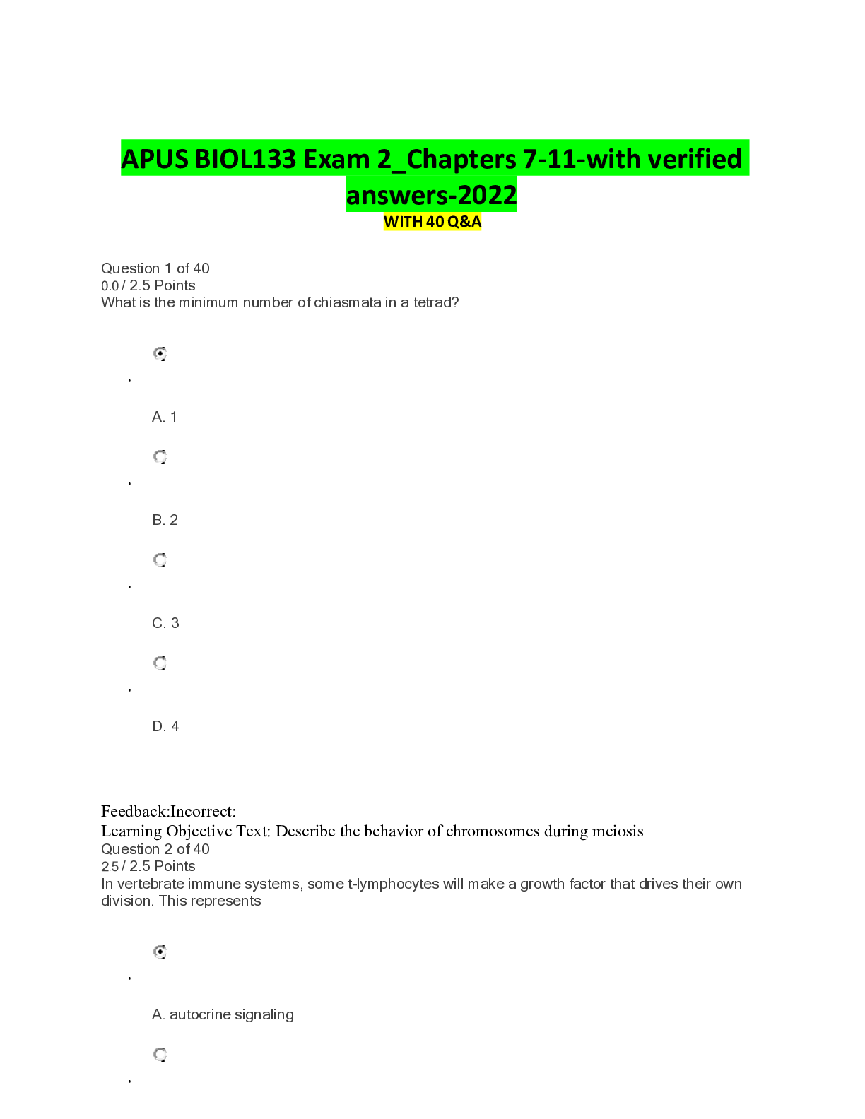 Preview of APUS BIOL133 Exam 2_Chapters 7-11-with verified answers-2022